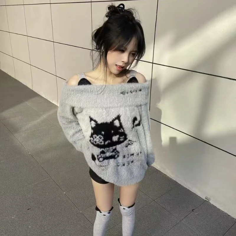 

Субкультура Серый свитер с длинными рукавами Sweet Slash Neck Y2k Американская уличная одежда Пуловер Трикотаж Kawaii Slim Весна Осень