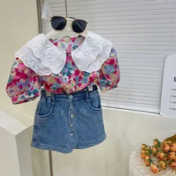 Children Girls Floral Lapel Short-sleeved Shirt Tops + Denim Culottes 2pcs Suit 2023 New Children's Summer Clothing Sets