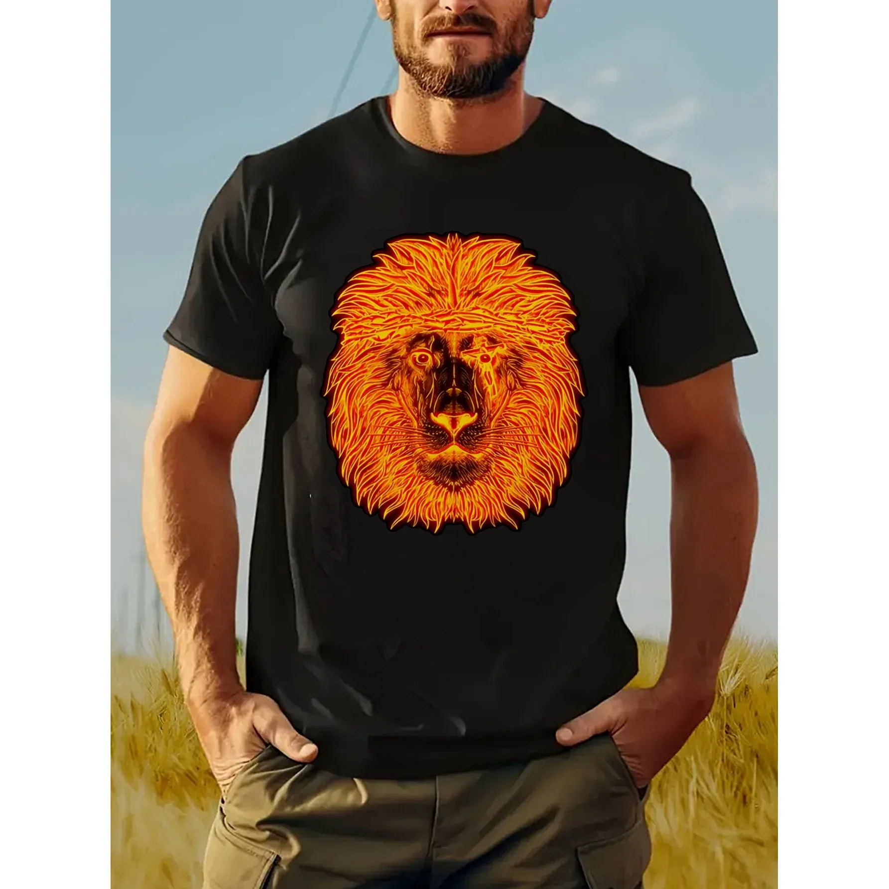 Fiery Lion Head Graphic Men's Cotton T-Shirt Breathable Short Sleeve Casual Tee Daily Wear