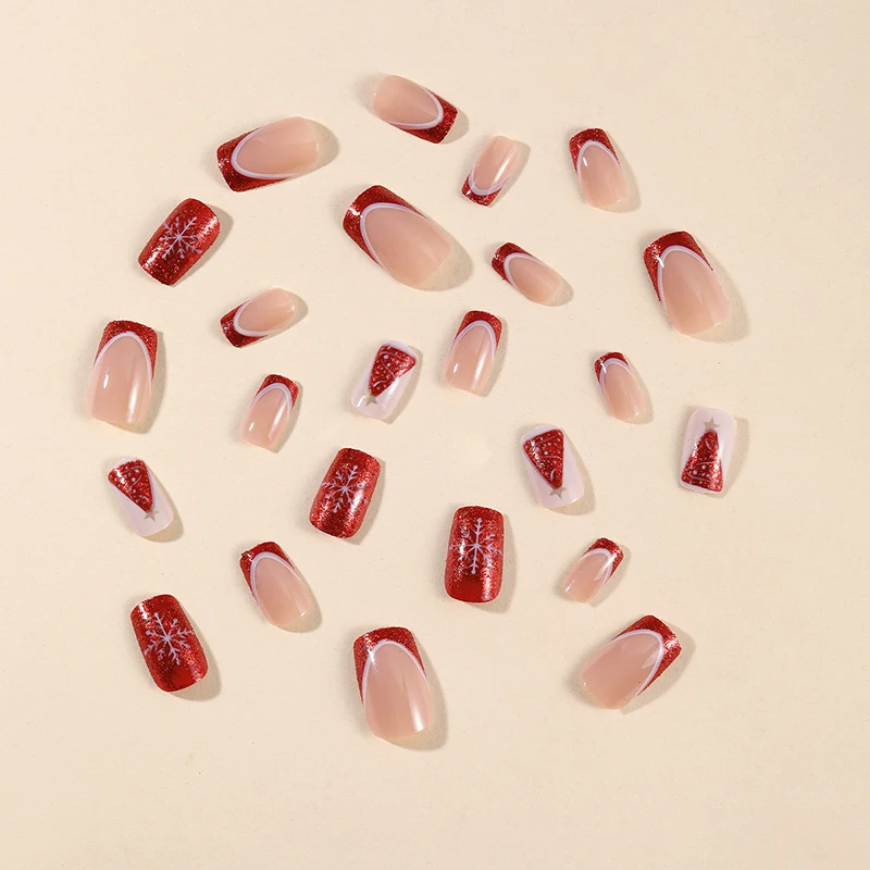 24pcs Wearable Christmas Series Fake Nails Set Snowflake Tree Square Detachable Fake Nail Art Patch Red French False Nail Suit