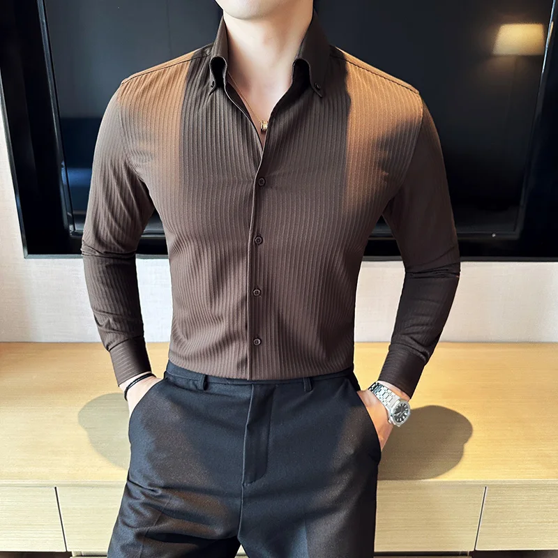 Men Striped Shirts 2023 Autumn British Style Long Sleeve Slim Fit Shirt Streetwear Solid Casual Dress Shirt Fashion Men Clothing