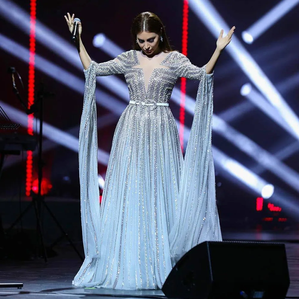

Sharon Said Luxury Dubai Silver Grey Evening Dress with Cape Sleeves Champagne Muslim Wedding Formal Party Gown SS068 Customized