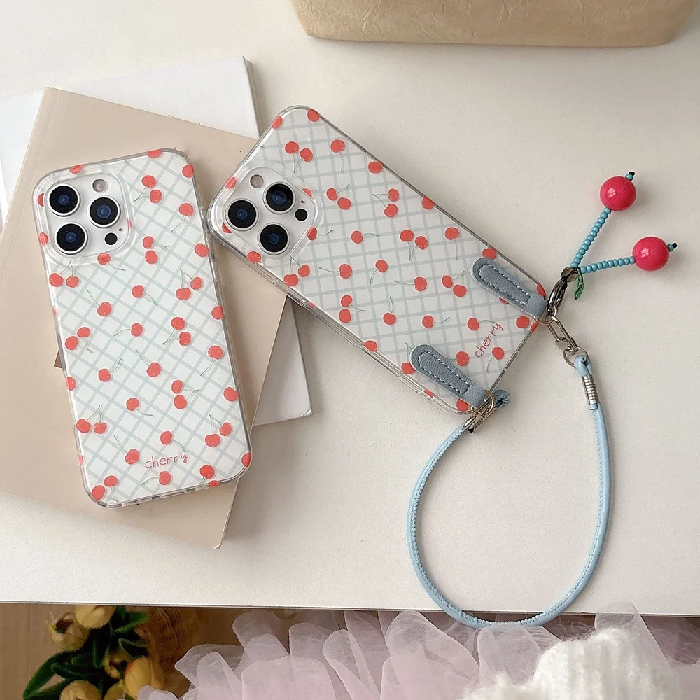 

New Korean INS Blue Check Cherry Print Phone Case For iPhone 17 16 15 14 13 Pro Max Protective Cover With Cherry Beads Pendant