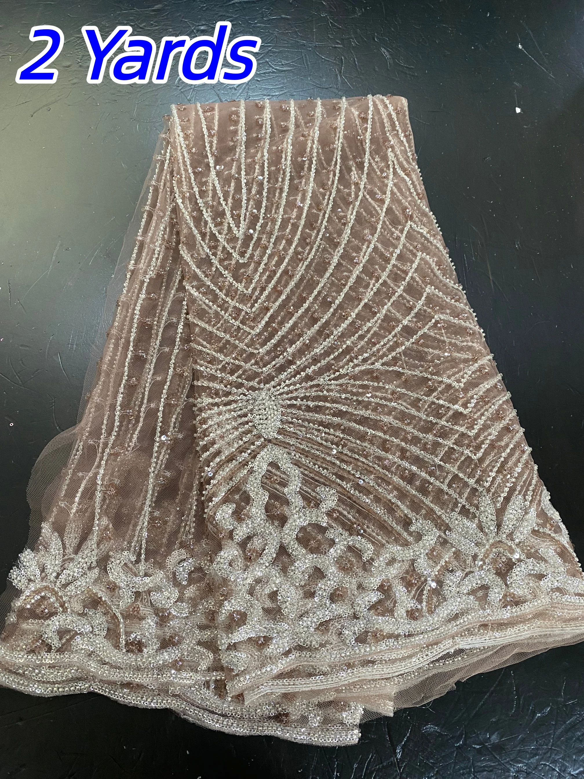 Ausverkauf: Nigerianische Perlen-Spitzenstoffe, hochwertige afrikanische Gold-Jacquard-Spitzenstoffe zum Nähen von eleganten Partykleidern, 2 Yard