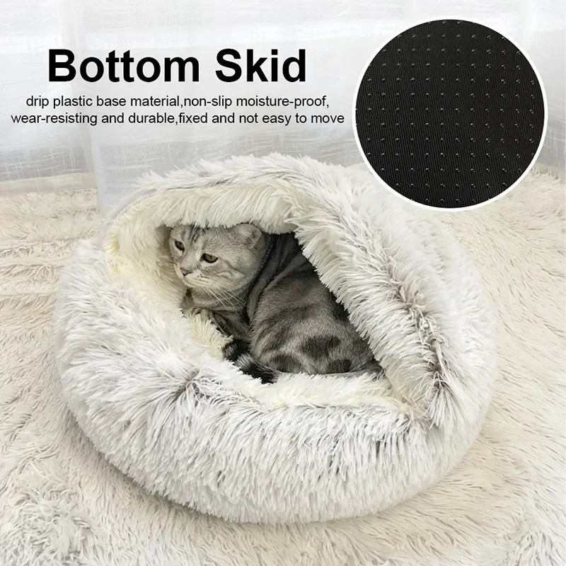 Winter Long Plush Pet Cat Bed Round Cat Cushion Cat House 2 in 1 Warm Cat Basket Cat Sleep Bag Cat Nest Kennel for Small Dog Cat