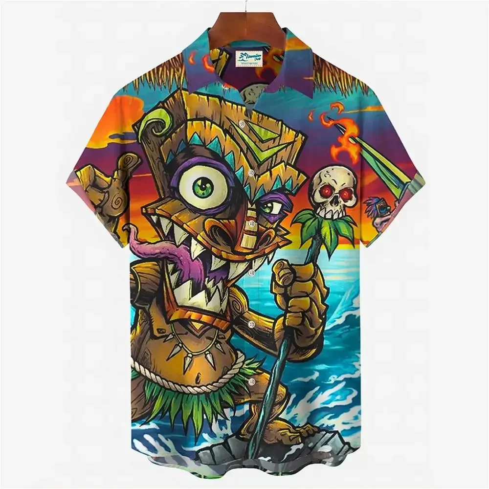 Men Hawaiian Tiki Totem Print Cuban Collar Short Sleeve Shirt Summer Beach Vacation Tops