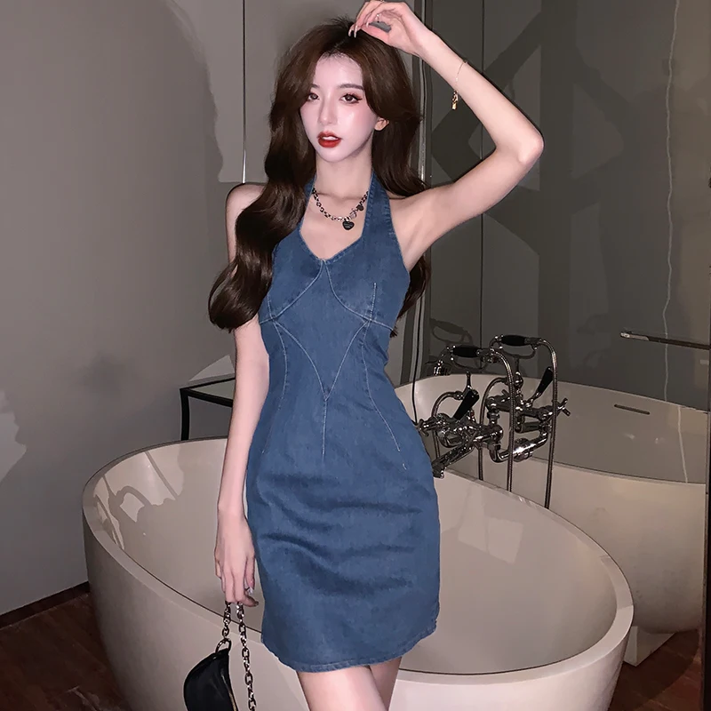 Sexy Women's Party Dresses Halter V-neck Sleeveless Zip Slim Mini Denim Dress 2024 New Bodycon Club Vestidos Daily Cool Girl