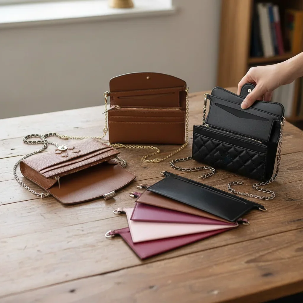 1 Pcs PU Purse Insert Wallet Insert for Chain Strap Soft with D Rings Purse Insert Wallet Conversion Kit Women 22*8cm