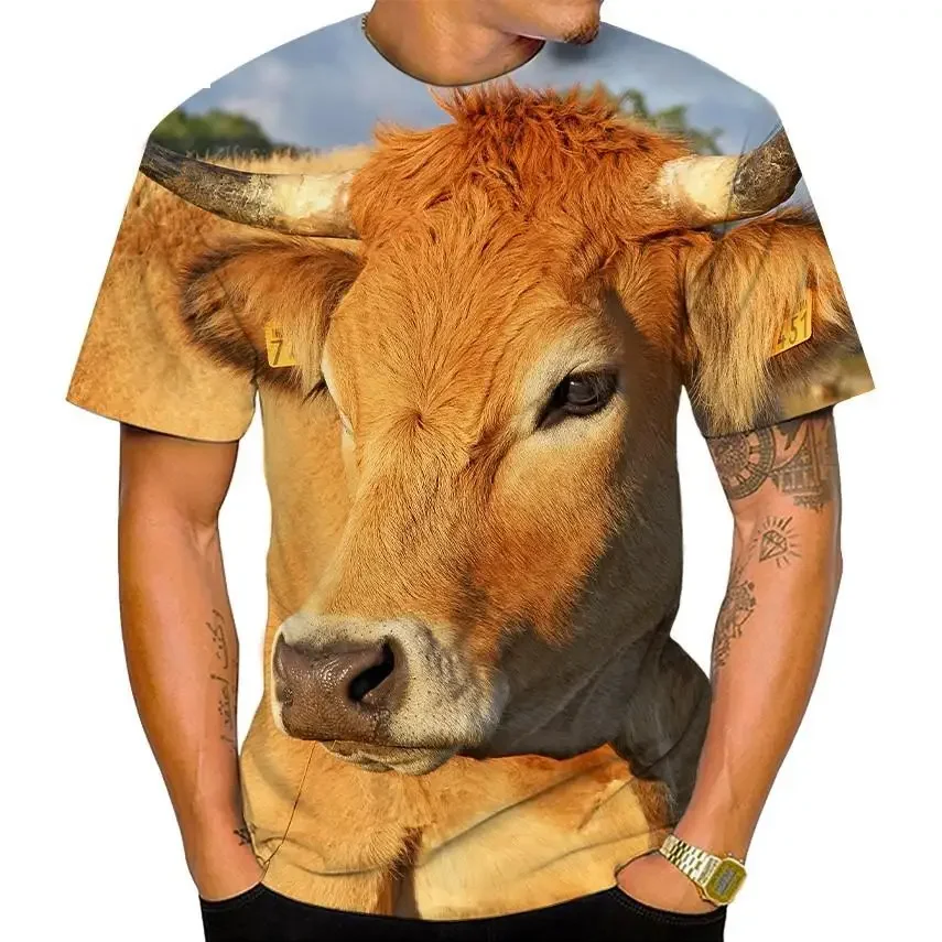 เสื้อยืดพิมพ์ลาย 3 มิติ รุ่นใหม่สำหรับฤดูร้อน ไซส์ใหญ่สำหรับผู้ชายและผู้หญิง ลายหนังวัว ลำลอง แขนสั้น ลายสัตว์ตลก ระบายอากาศดี เหมาะสำหรับเล่นกีฬา