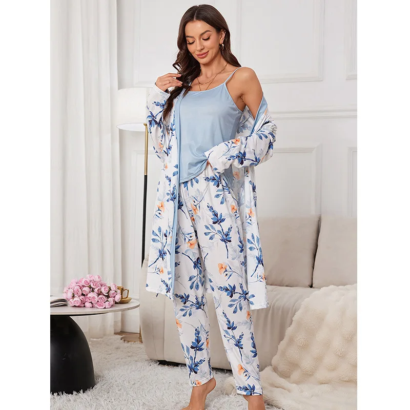 

Ladies Elegant 3Pcs Pajama Set Soft Robe Sleeveless V-Neck Top and Elastic Pants Comfortable for Summer Loungewear Pijama Mujer