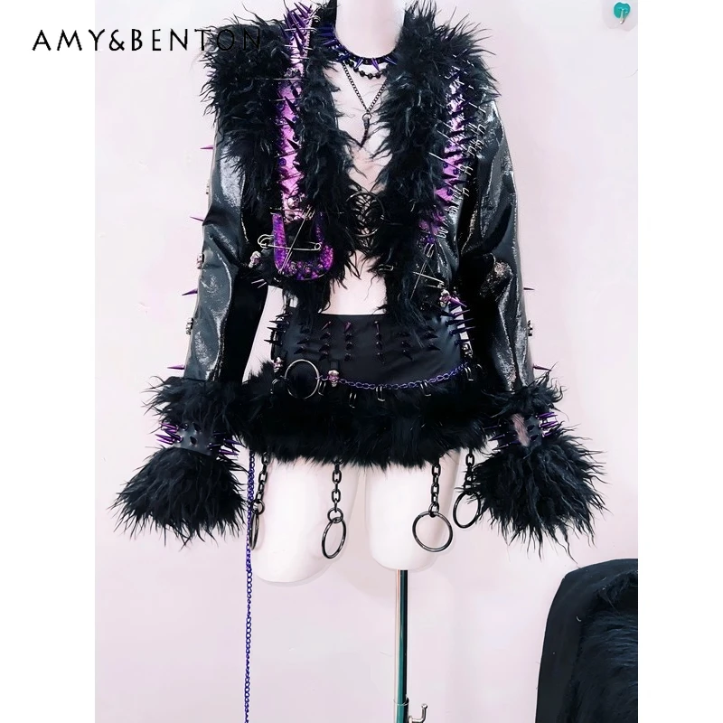 الأصلي الأرجواني حزام الشرير بولي Leather جلد المرأة معطف القوطية الظلام الفراء الربط الرجعية تنورة قصيرة الحلو كول برشام التنانير مجموعة السيدات #1