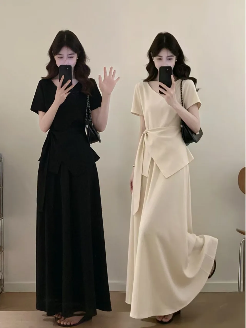 

plus Size V-Neck Tie Waist Top High Waist Skirt Two-Piece Set Summer Fashion plus Size Women's Clothing Meat Concealing