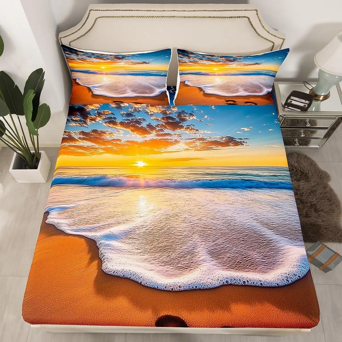 Beach Theme Fitted Sheet Hawaiian Beach Ocean Bed Sheet Set Sea Nature Pattern Bedding Set Summer Holiday Vacation Bed Cover
