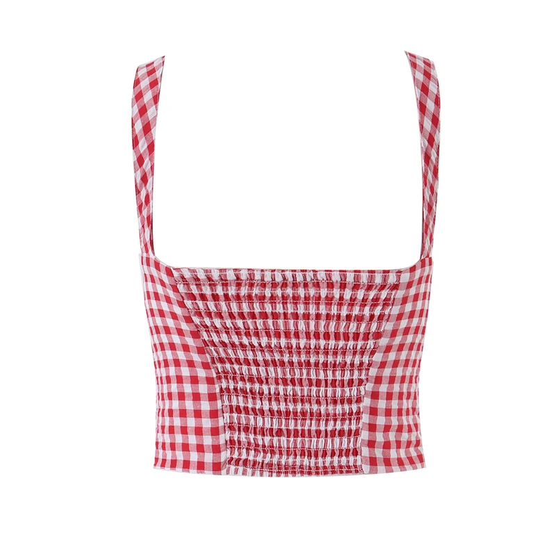 KEYANKETIAN 2026 Red White Gingham Crop Cami Top Square Neck Lace Trim Front Bow Back Smocked Slim Summer Vacation Camisole