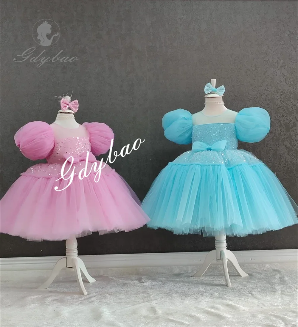 Luz azul tule vestidos da menina de flor princesa fofo balão mangas primeira comunhão aniversário casamento evento formal personalizado