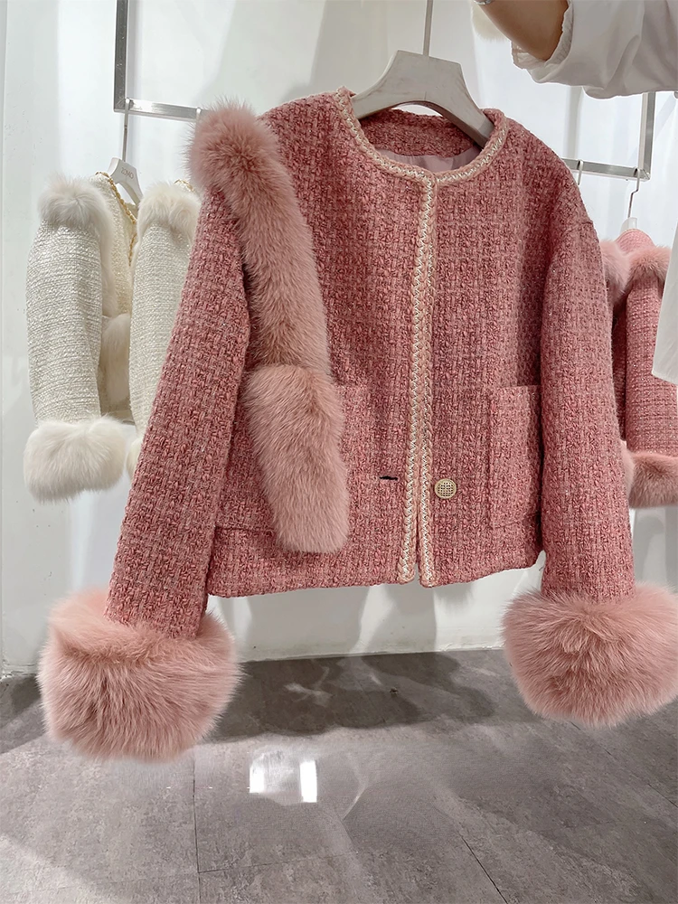 

MENINA BONITA 2022 Winter Jacket Women Casual Real Fur Coat Natural Fox Fur Cuffs Wool Woolen Tweed Coat Single Breasted Fashion