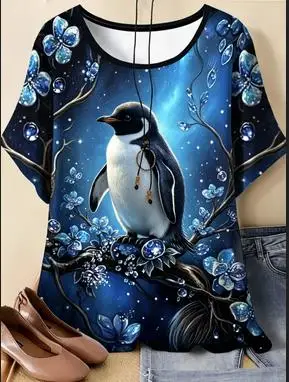 Women Mystical Black Fox Cub Print T‑Shirt Blue Floral Starry Night Branch Scene Crew Neck Short‑Sleeve Casual Tops