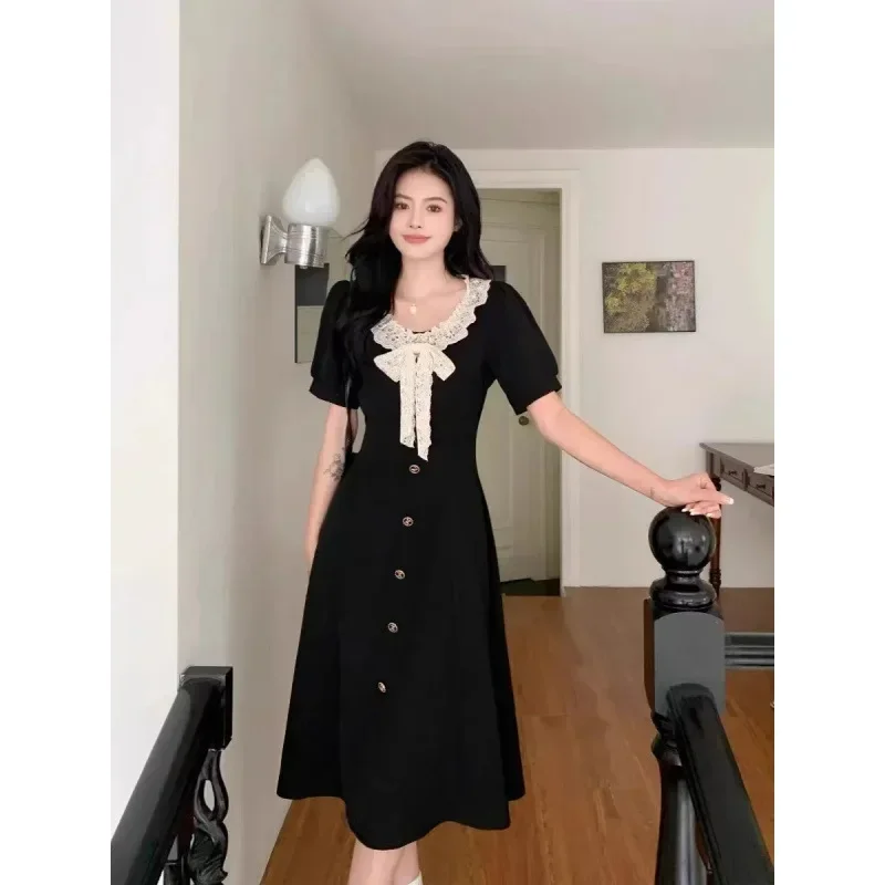 Plus Size 2025 Bow Dress Slimming Summer Style Clothing New Vintage Round Neck For Women Hiding Body Shape Stylish dfffdd2