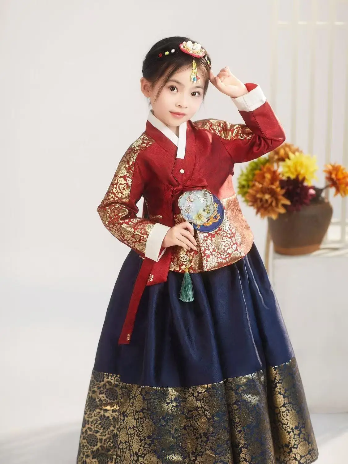 Court Style Girls Brocade Hanbok Traditional Korean Gold Silver Woven Clothing Carnival Party Performance Suits Kids Hanboks