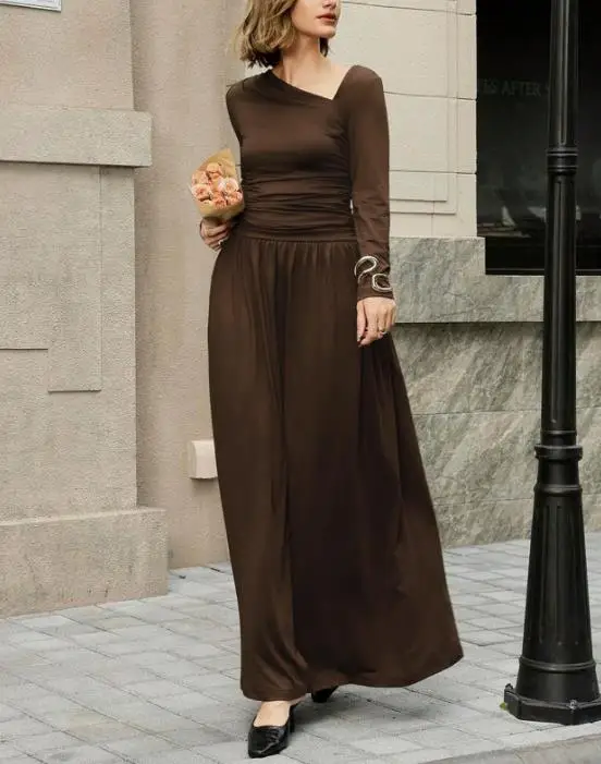 Dark Brown Sloping Shoulder Collar with Diagonal Pleats and A Cinched Waist Design, A Long Dress with A Sense of Drape