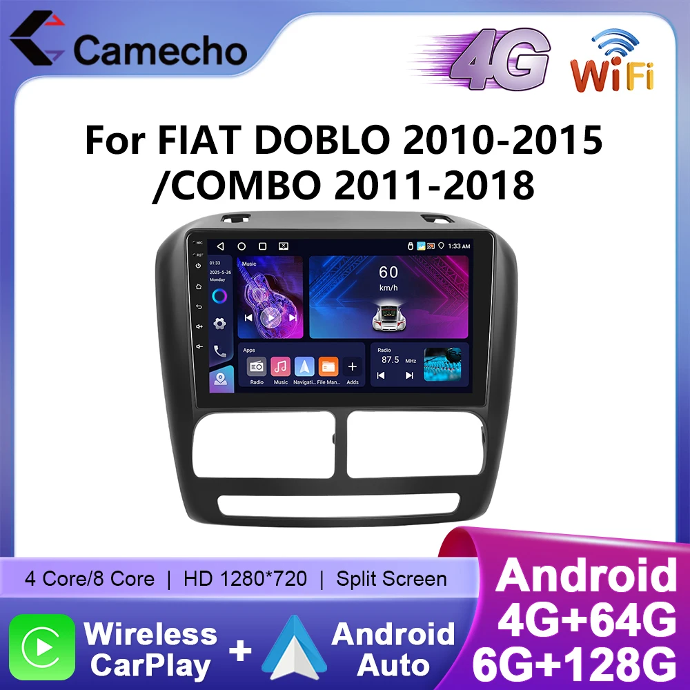 Camecho 6 + 128G autoradio pour FIAT DOBLO 2010-2015 /COMBO 2011-2018 sans fil CarPlay Android Auto voiture systèmes intelligents 4G WIFI