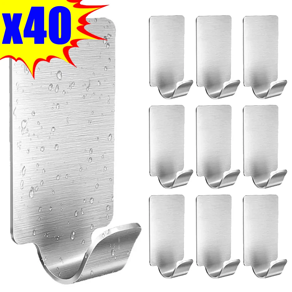 

40/1Pcs Small Stainless Steel Hook Self Adhesive Heavy Wall Hanger Hook Bathroom Organizer Towel Rack Multi-purpose Kitchen Hook