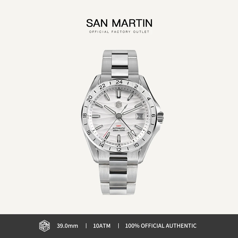 

San Martin 39 мм GMT Мужские часы Роскошное деловое платье NH34 Механические наручные часы из нержавеющей стали с сапфировым стеклом даты 10 бар SN0129