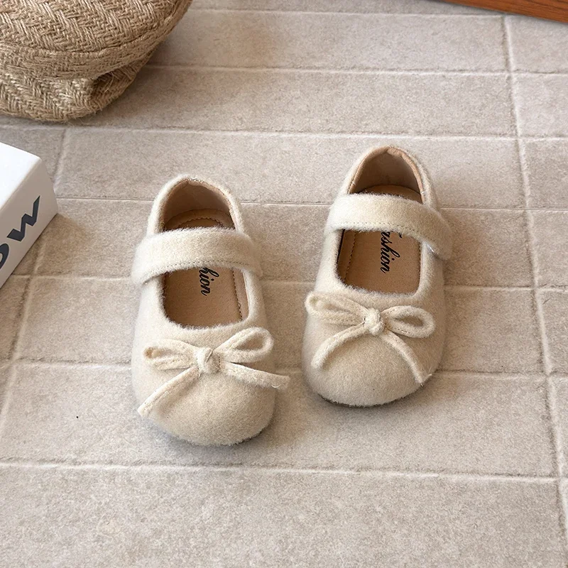 Solid Bow Children Flats Shoes Autumn Winter Short Plush Toddler Girls Princess Shoes Hook Loop Shallow Kids Leather Shoes 21-30