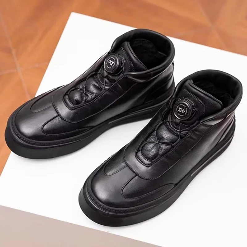 High Quality Genuine Leather Casual Sneaker Men Fur Pad Warm Winter Shoes Fur-lined Calf Leather High-top Shoes Men Ankle Boots
