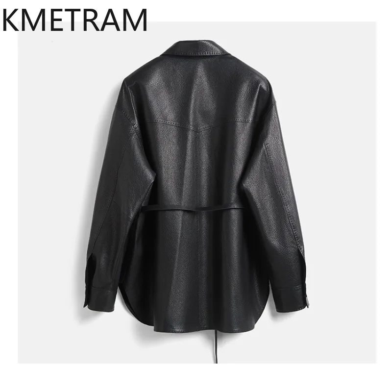 KMETRAM Top Layer Goatskin Genuine Leather Jacket Woman Belted Jackets of Woman Mid Length Shirt-style Leather Coat Loose 가죽자켓