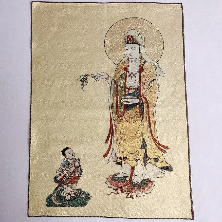 Tibet Tibetan Cloth Silk Willow Guanyin and Boy  Thangka Tangka Embroidery Painting