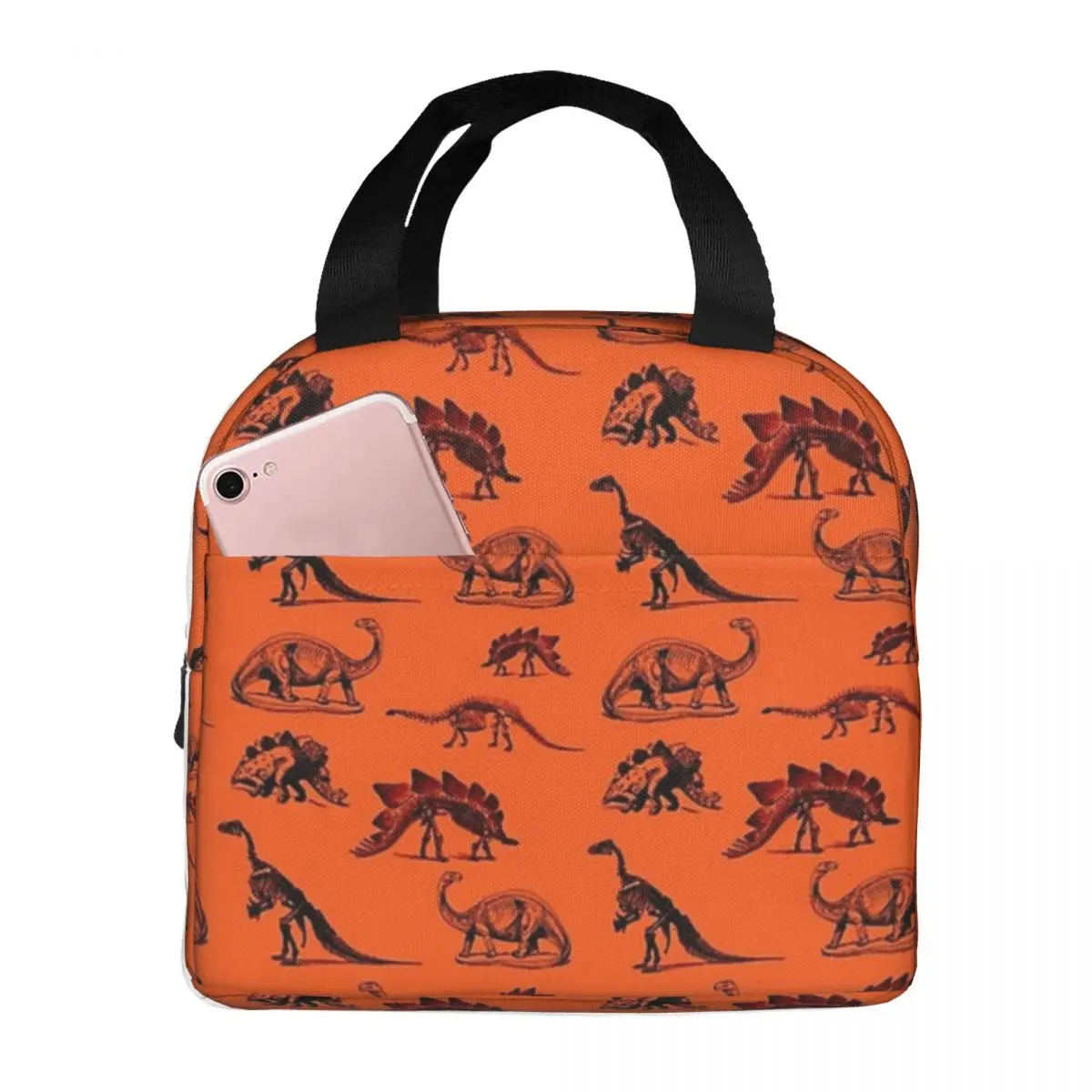 Vintage Museum Dinosaurs Black And Orange Lunch Bags Insulated Bento Box Lunch Tote Leakproof Picnic Bags Cooler Thermal Bag