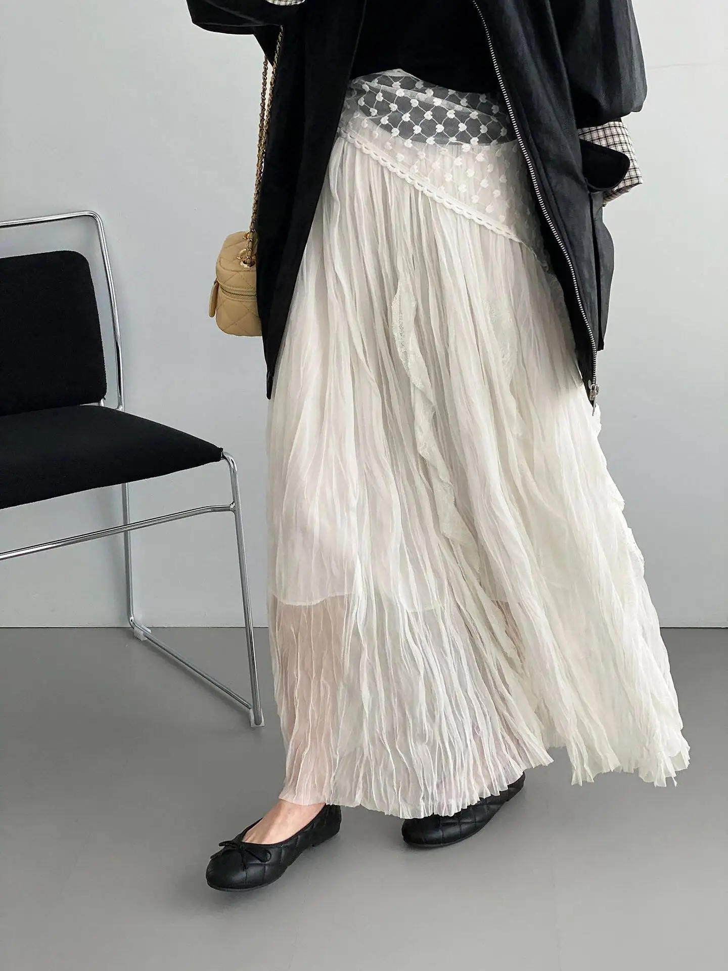 Spring Summer New Gentle Pleated A-Line Skirt Women Elastic Waist Drifting Splice Atmosphere Medium Length Half Skirt