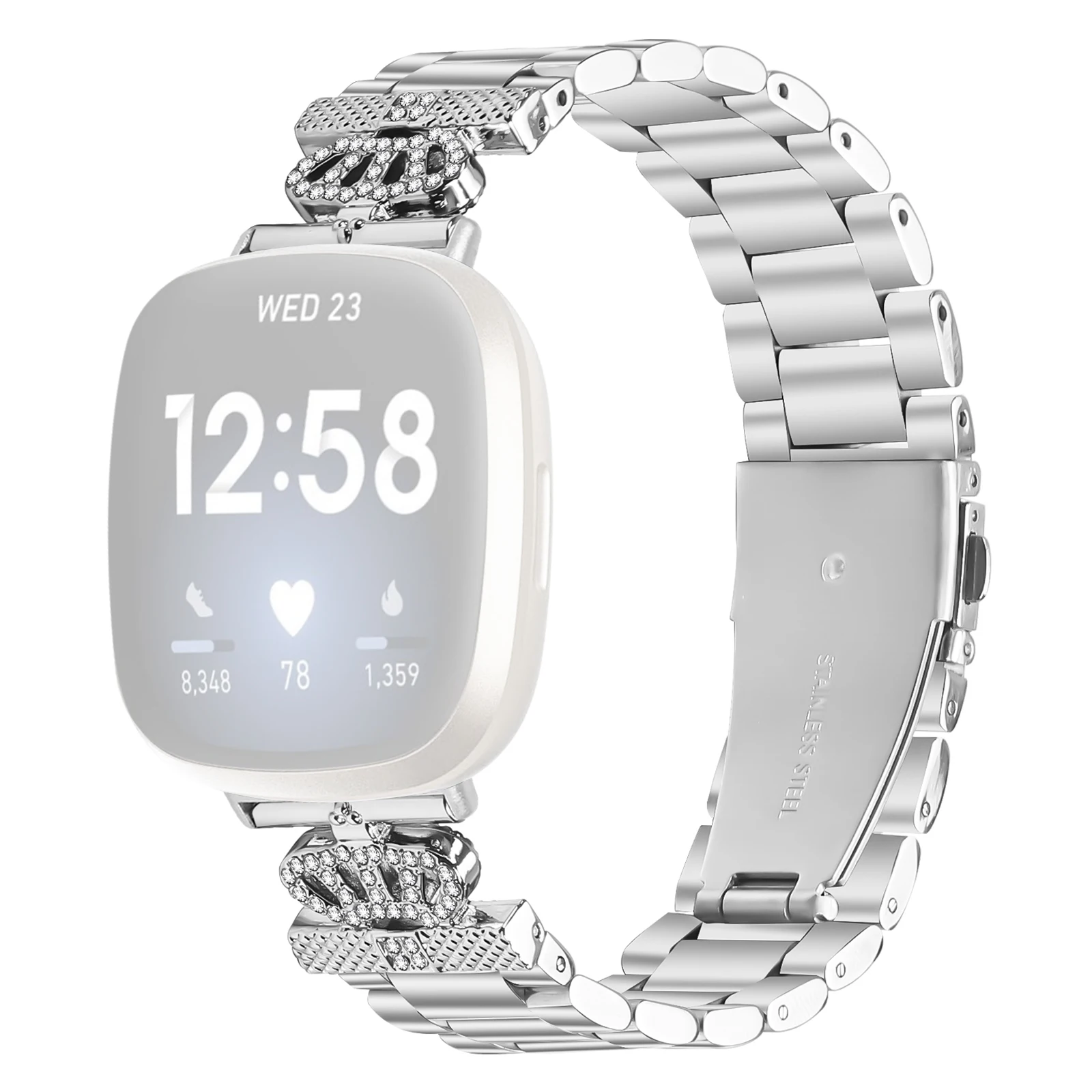 

For Fitbit Versa 3 / Sense Stainless Steel Strap Crown Shape Rhinestone Decor Silver Watch Band