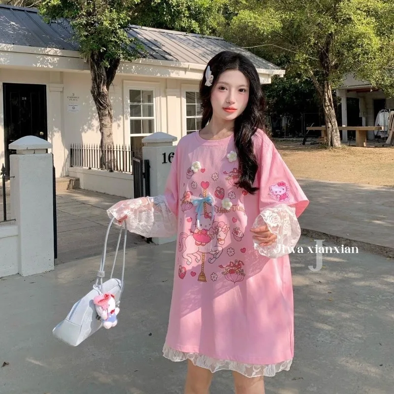 

Новые летние топы с кружевным принтом Hello Kitty, розовые топы Kawaii Y2k, корейская версия, милые свободные искусственные рубашки из двух предметов для женщин