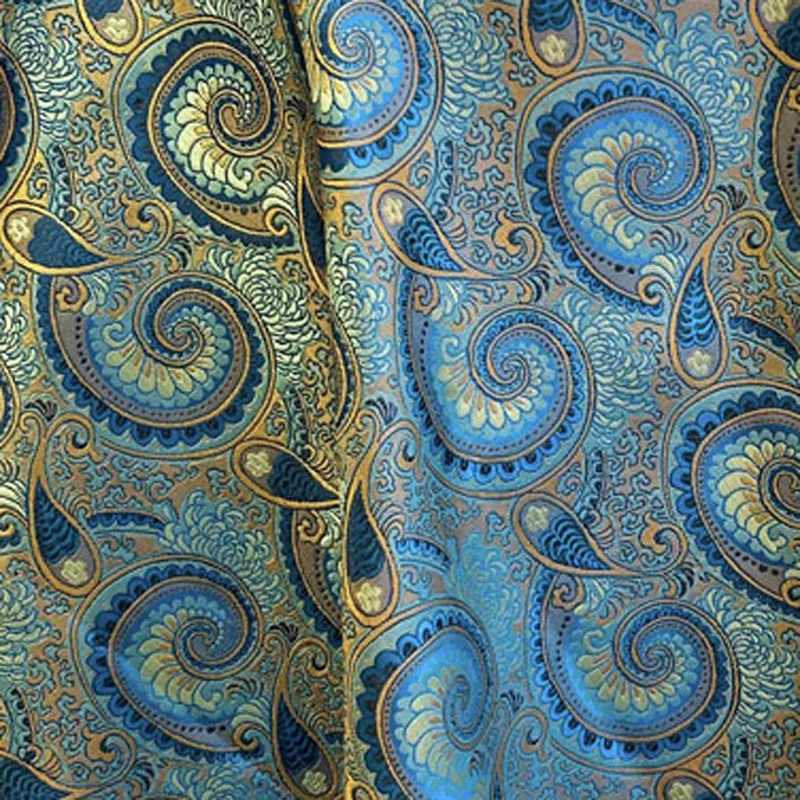 ผ้าแจ็คการ์ดเนื้อผ้าซาตินลายเพสลีย์สีน้ำเงินหรูหราแบบวินเทจสำเร็จรูป เงา สำหรับกระโปรง ของตกแต่งบ้าน เครื่องแต่งกาย และงานฝีมือ