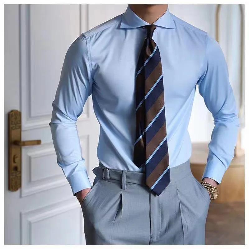 Premium Boat Neck Mens Shirt Slim Fit Business Casual Long Sleeve Non Iron Wrinkle Free Comfort Plus Size Men Dress Shirt