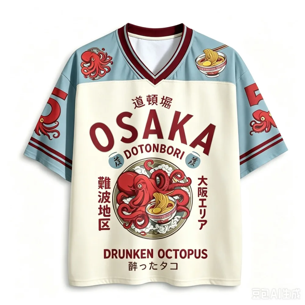 Harajuku Pattern of Osaka Octopus Ramen 3DPrint Sport Quickdry Breath Men V-neckT-Shirt Outdoor Street Casual Parent-Child Cloth