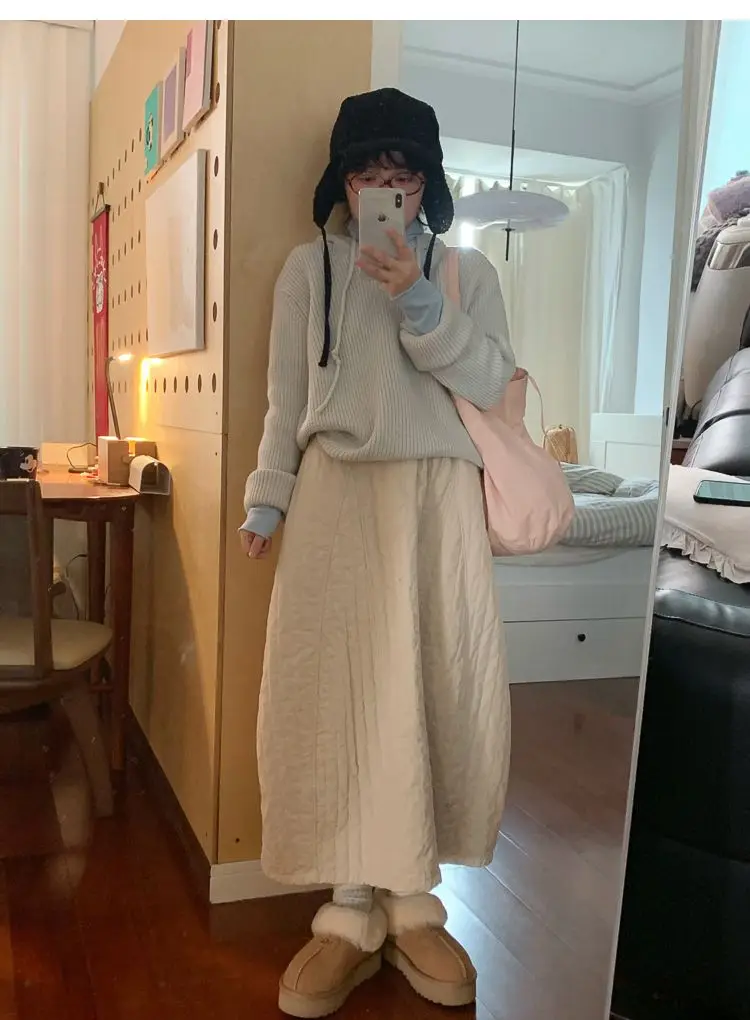 Corduroy Quilted Long Skirts Women Cotton Padded Maxi Skirt Harajuku Winter Warm Vintage Midi Skirts Korean Ladies Beige Skirt