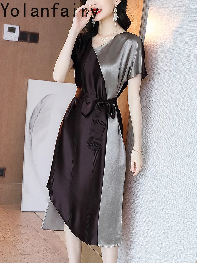 Sukienki damskie YOLANFAIRY, 74% octan, kolekcja lato 2025, delikatne, asymetryczne, eleganckie sukienki w blokach kolorystycznych, sukienka damska z koronkowym wiązaniem, Ropa Mujer