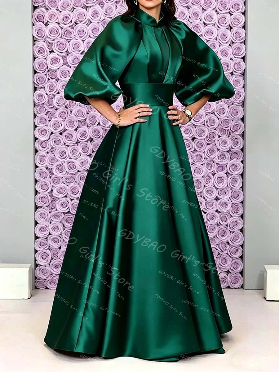 Women's Satin Pleated Sister of the Bride Dress Vintage High Neck Balloon Sleeve Communion Evening Dress Customized Party Gown