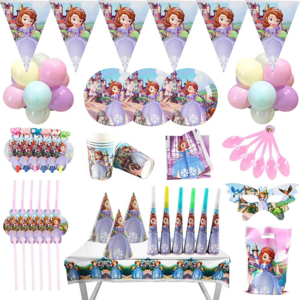 Disney Princess Sofia Birthday Party Decoration Supplies Disposable Party Cutlery Set Baby Shower  Banner Napkins Horn Hat