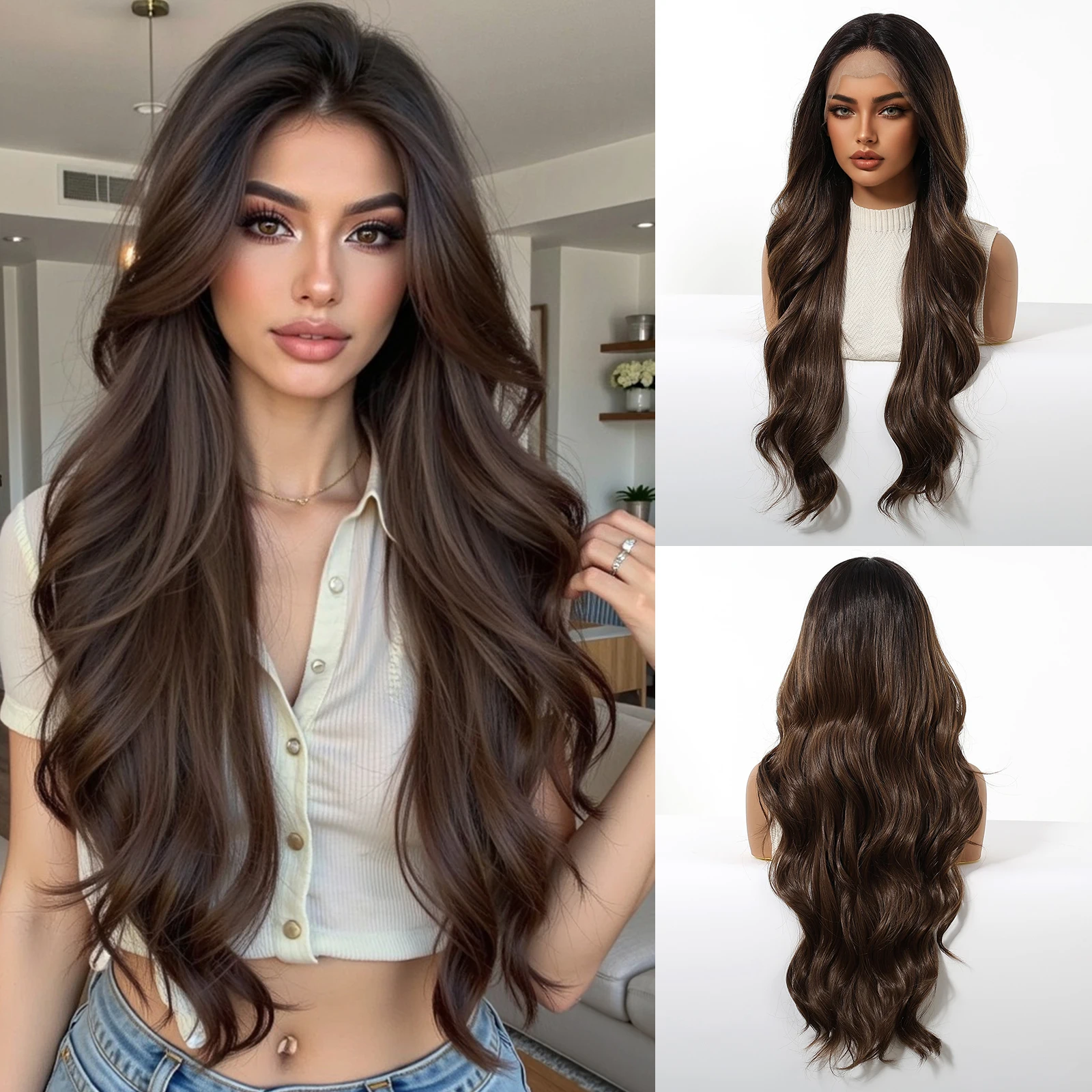 

ALAN EATON Dark Brown Lace Synthetic Wigs Long Dark Root Wavy Middle Part Wig for Women Daily Party Use Heat Resistant Fiber