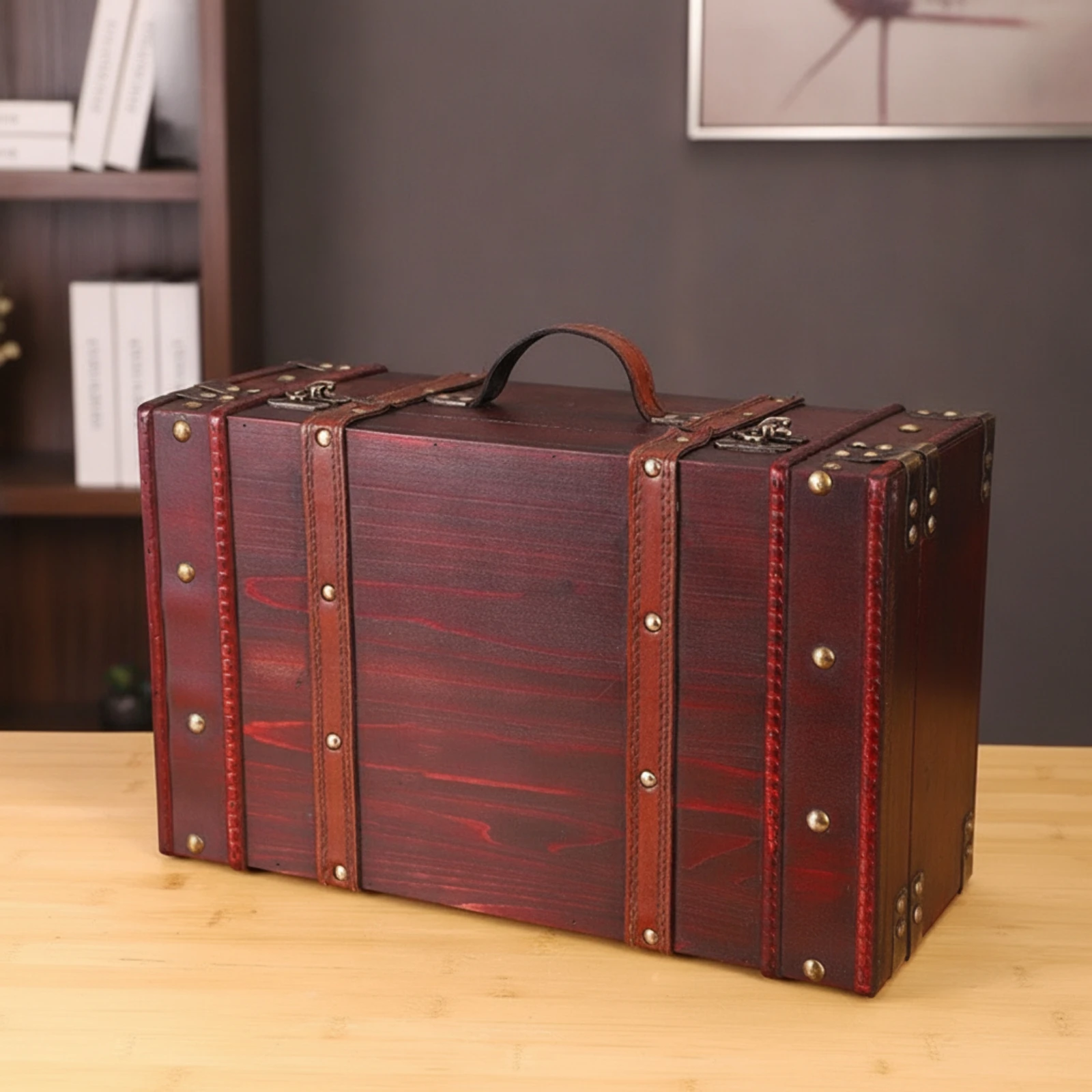 Wooden Storage Suitcase Distressed Decorative Vintage Suitcase Storage Chest with Handle Rustic Wooden Box with Latch Portable