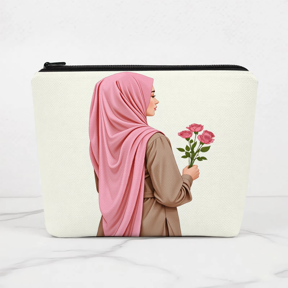 Woman In Hijab Holding Roses Makeup Bags for Girls Cosmetic Pouch Toiletry Bag Pencil Case Travel Storage