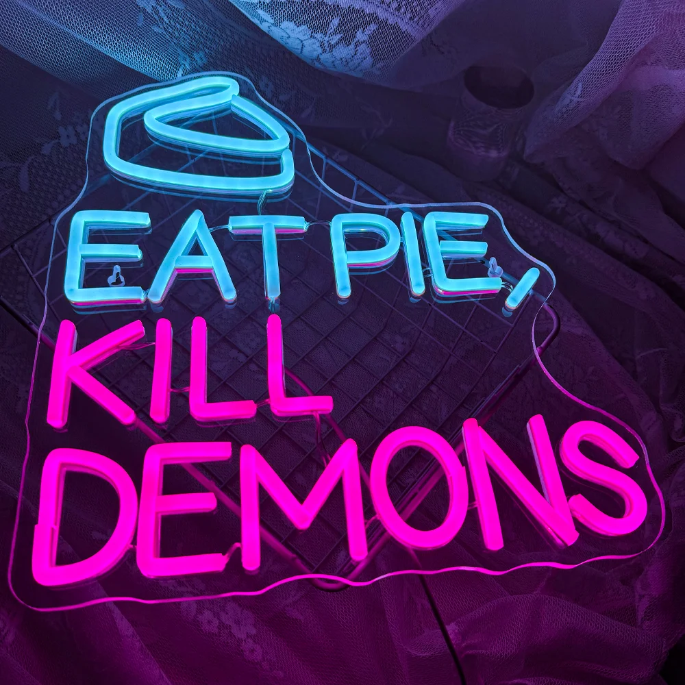 Eat Pie Kill Demons Neon Sign Pink Ice Blue Led Lights for Wall Decor Bedroom Bar Cafe Man Cave Christmas Party Decor Gift