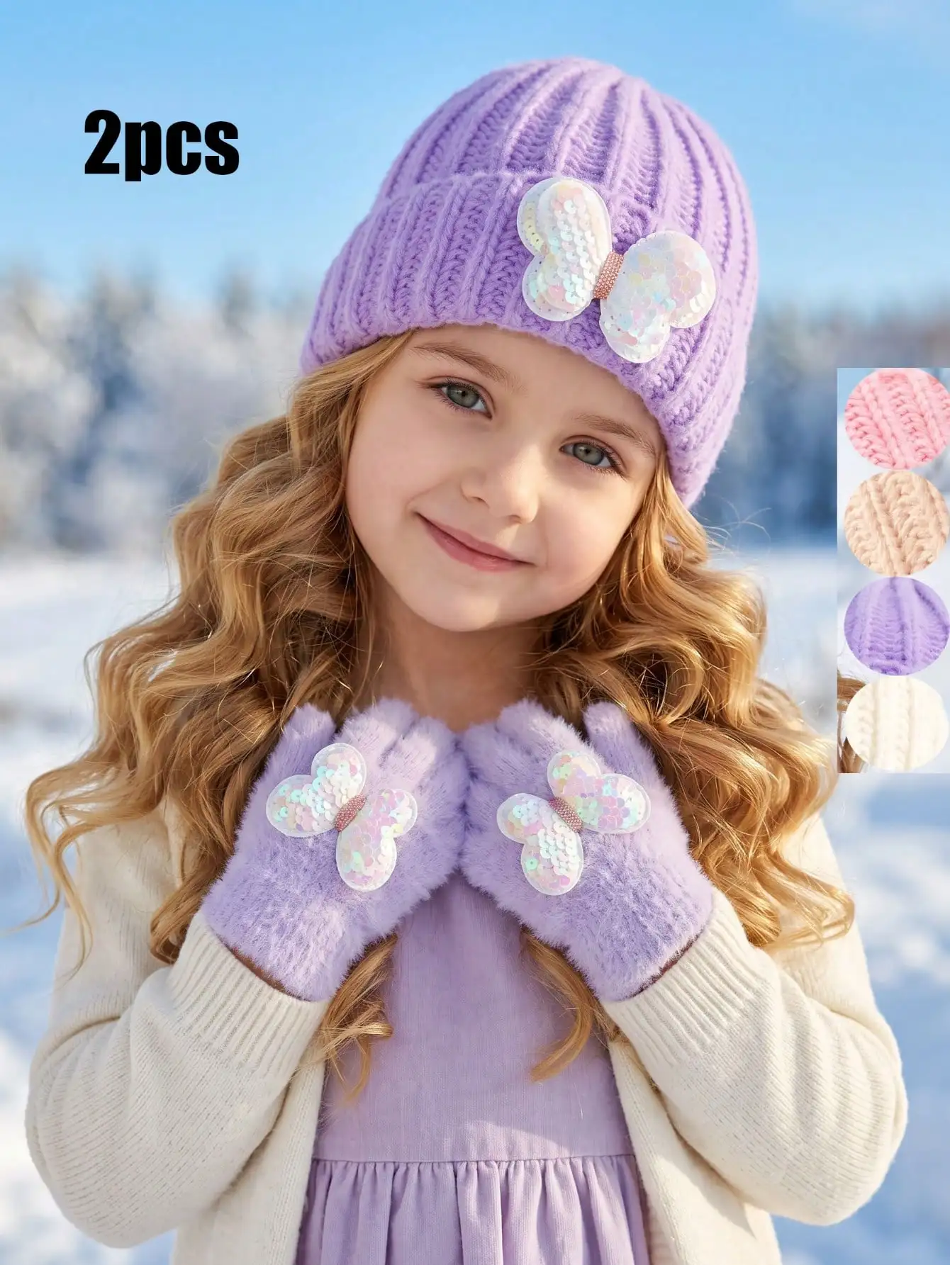 2pcs 3-8Y Cute Girls Kids Knit Hat & Gloves Set, Cartoon Sequin Butterfly Decor 2-Piece Kit