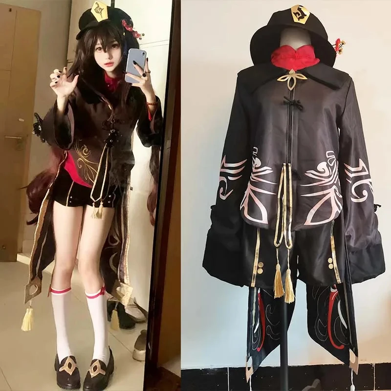 ☆ Disfraz de YunCos Hu Tao de Genshin Impact con Peluca, Anillo y Sombrero, Vestido Estilo Chino para Halloween y Comic Con, Cosplay para Mujeres ☆