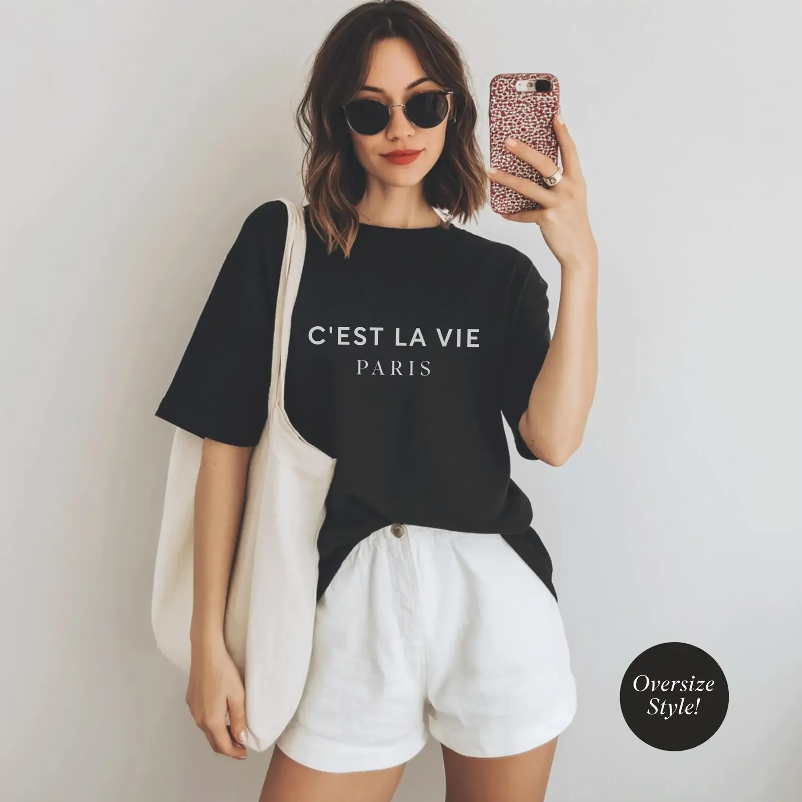 Women's C'est La Vie Paris Print Casual T Shirt French Style Oversized Crew Neck Lover Statement Top vintage Washed Slightly