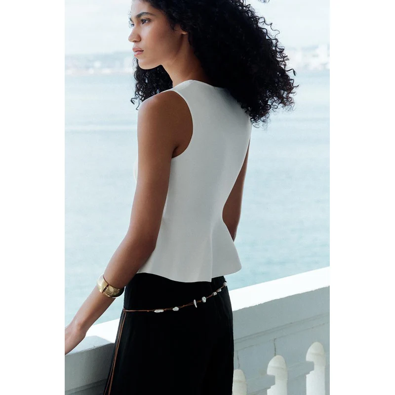 بلوزة نسائية صيفية جديدة محبوكة بتصميم تنورة قصيرة، ياقة مستديرة بسيطة، مزينة بأزرار، طراز 5536075، مناسبة للعمل، تصميم ضيق